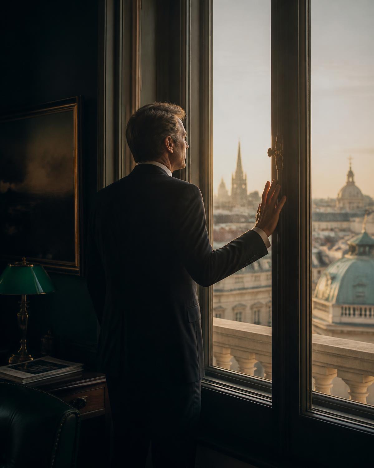 Unternehmer blickt am frühen Morgen aus einem Wiener Altbaufenster über die Dächer der Stadt